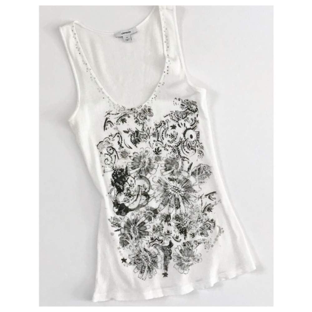 3/$15 Express White Studded Black Floral Print Tank Top
